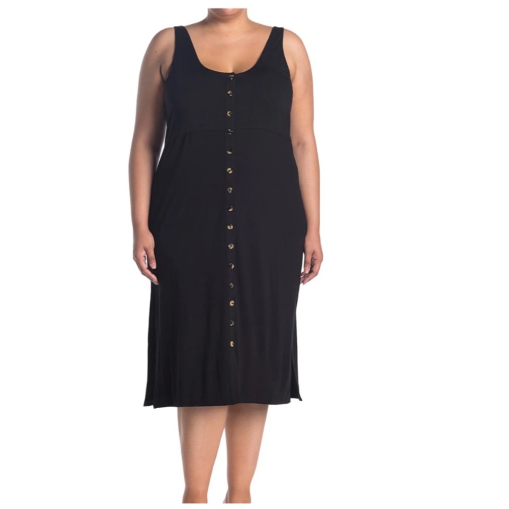 NWT Good American Black Scoop Neck Button Front Sleeveless Midi Dress Womens 2XL